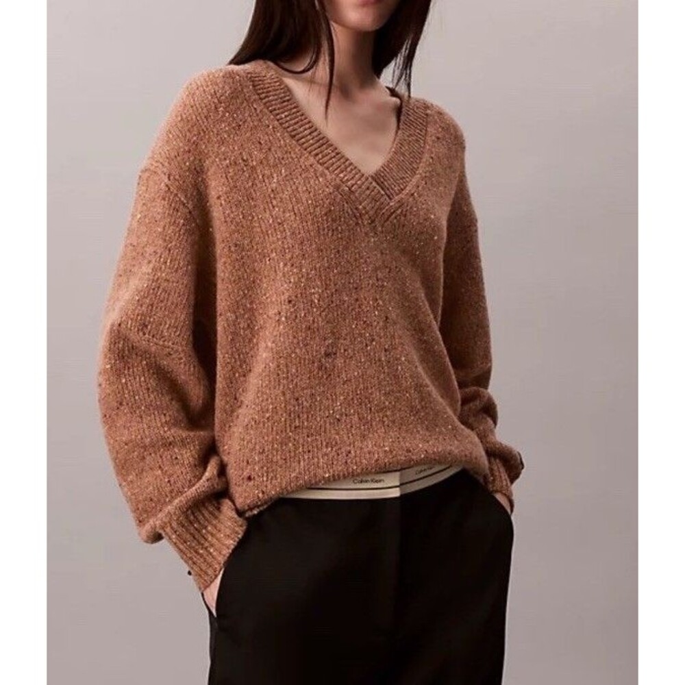 CALVIN KLEIN Womens  Top Sweater Soft V-Neck Alpaca Blend brick Oversized Sz S